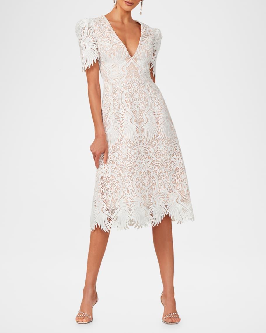 Ava Embroidered Puff-Sleeve Midi Dress Product Image