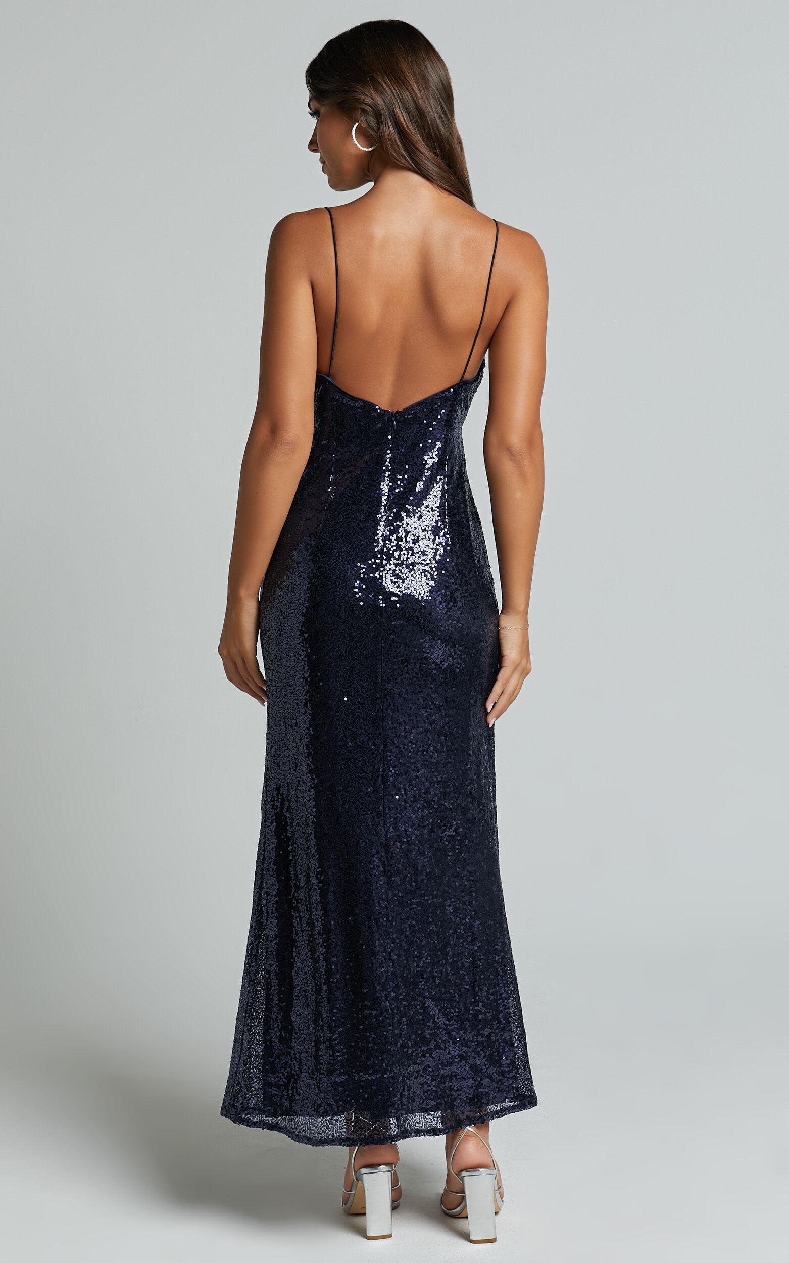 Cynthie Midi Dress - Strappy Cowl Neck Sequin Slip Dress in Navy Product Image