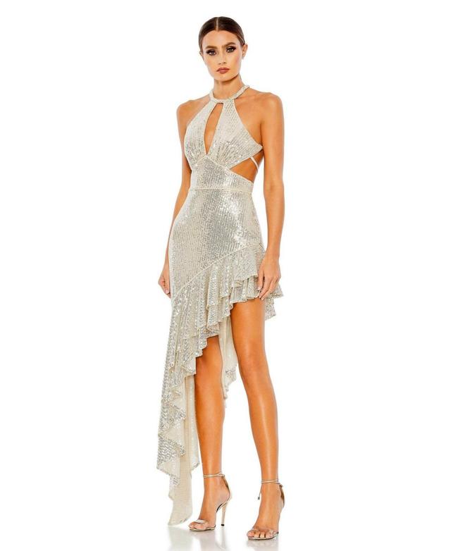 Womens Ieena Sequined Halter Cut Out Ruffle Asymmetrical Dress Product Image