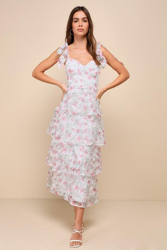 Endlessly Gorgeous White Floral Burnout Tie-Strap Midi Dress Product Image