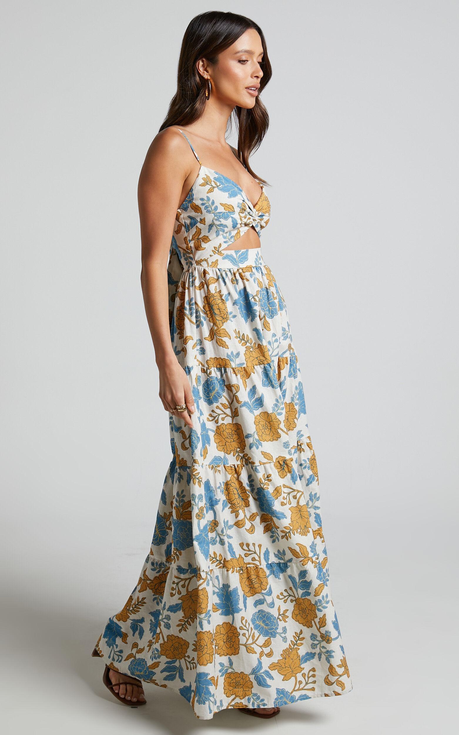 Amalie The Label - Emerita Linen Blend Sweetheart Twist Front Tie Back Midi Dress in Valencia Floral Product Image