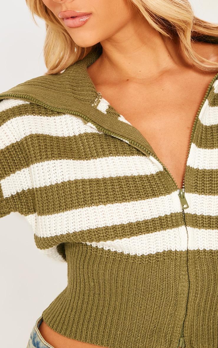 Olive Long Sleeve Stripe Detail Zip Cardigan Product Image