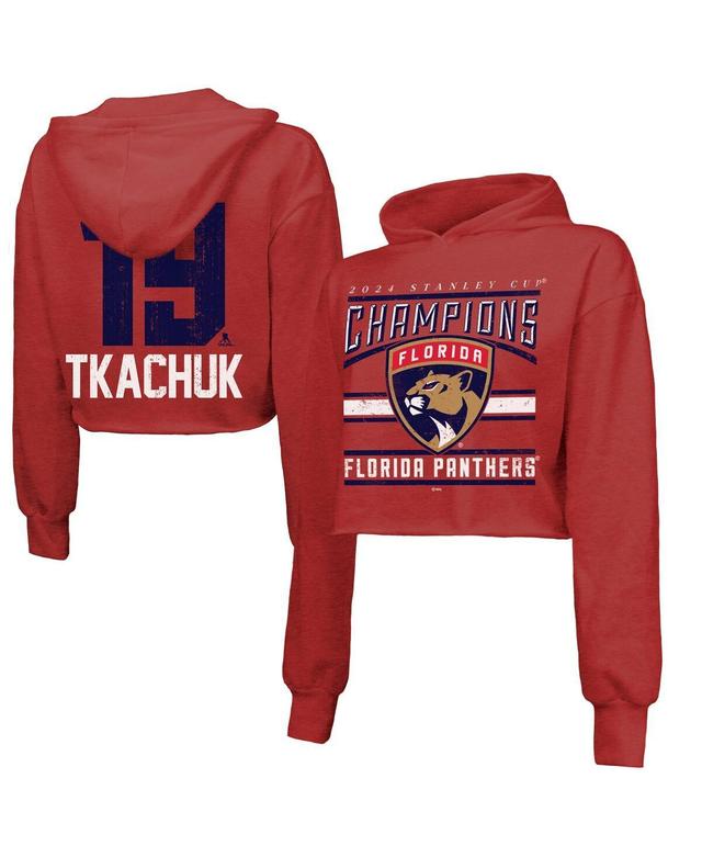 Majestic Womens Matthew Tkachuk Red Florida Panthers 2024 Stanley Cup Champions Cropped Tri-Blend Name Number Pullover Hoodie Product Image