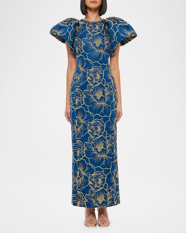 Lucinda Puff-Sleeve Floral Jacquard Column Gown Product Image