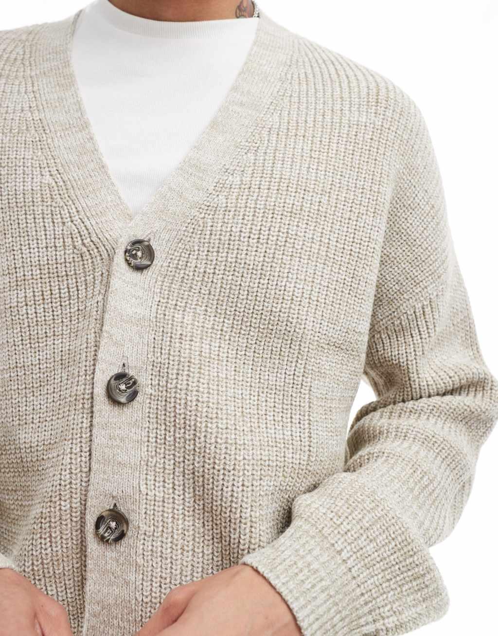 ASOS DESIGN relaxed knitted fisherman rib cardigan in stone Product Image