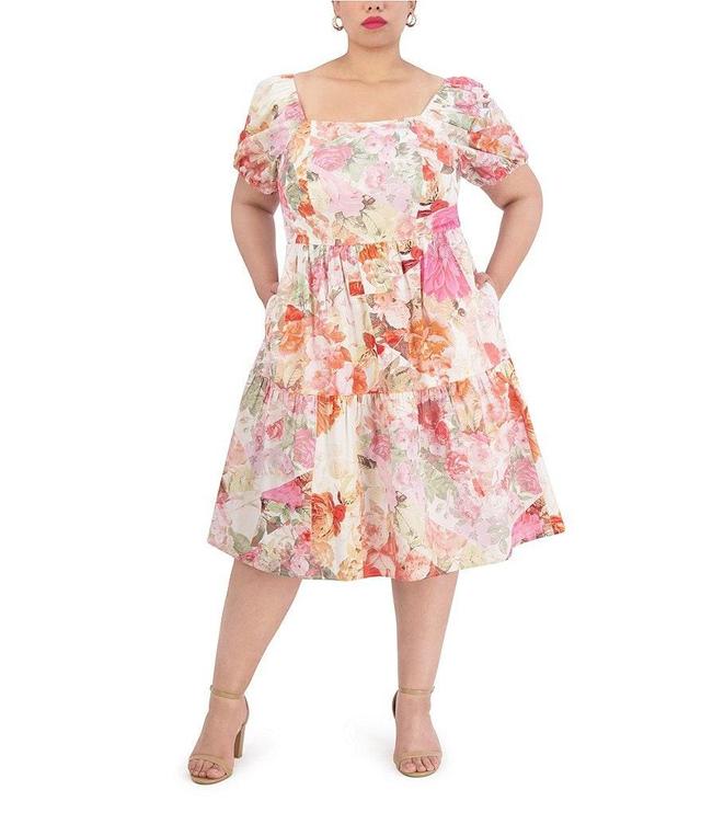 Vince Camuto Plus Size Floral Print Square Neck Short Puff Sleeve A-Line Dress Product Image