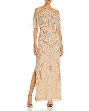 Aidan Mattox by Adrianna Papell Cold Shoulder Beaded Halter Column Evening Gown Product Image