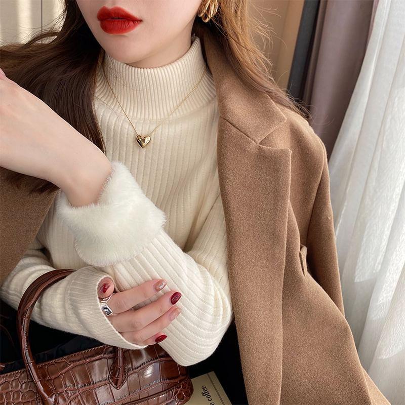 Long-Sleeve Mock Neck Plain Fleece-Lined Knit Top Product Image