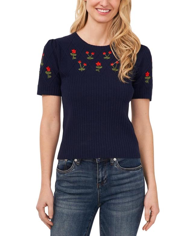 Women's Crewneck Flower Embroidered Short Sleeve Cotton Sweater Product Image