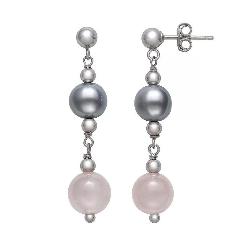 Sterling Silver Gray Freshwater Pearl, Rose Quartz and Silver Bead Earrings, Womens Product Image