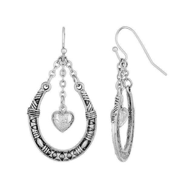 1928 Silver Tone Pewter Horseshoe with Hanging Heart Earrings, Womens, Grey Product Image