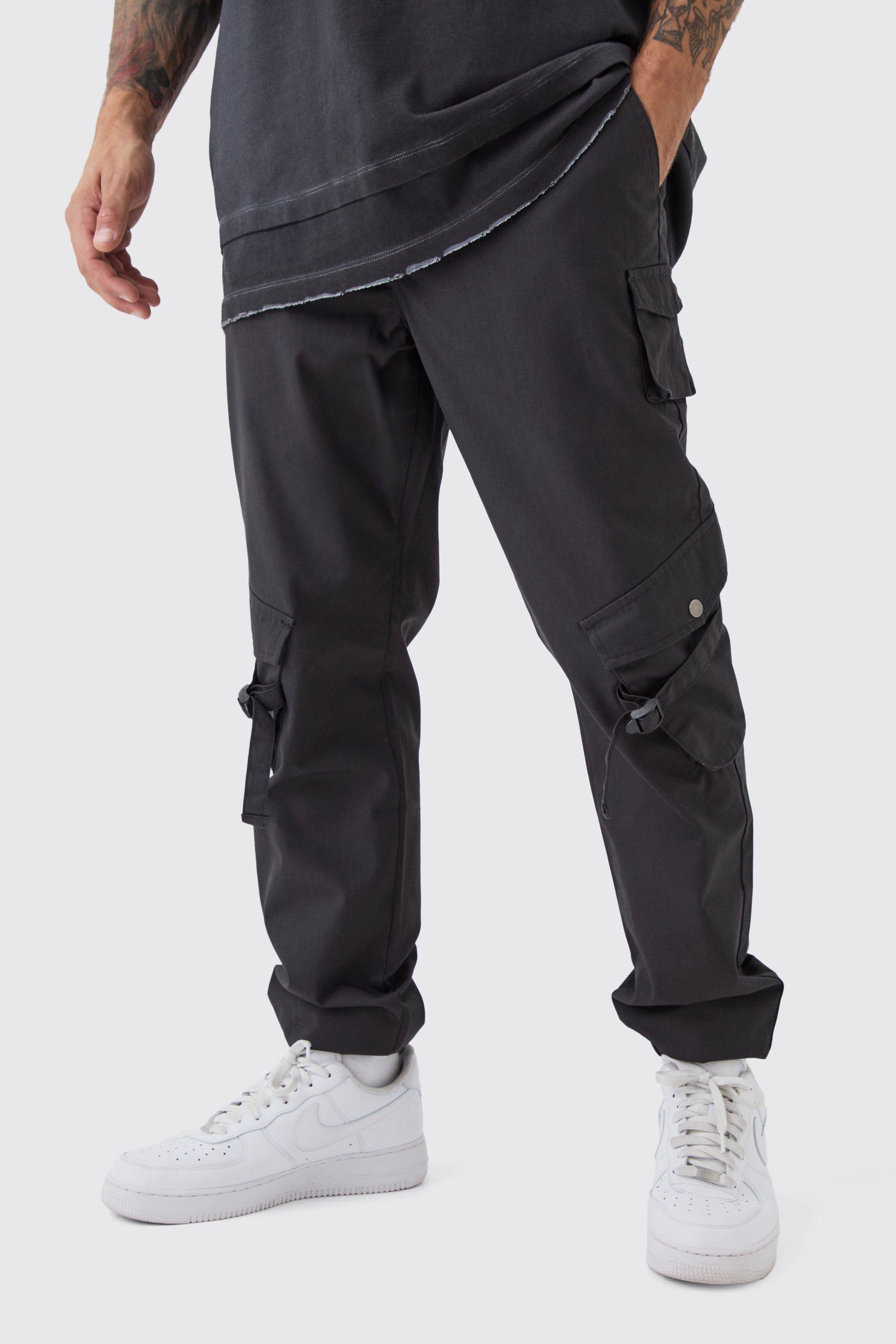 Mens Black Elasticated Slim Cuffed Ripstop Buckle Cargo Trousers, Black product image