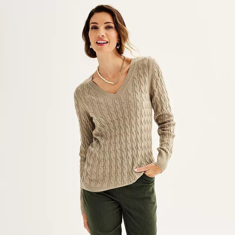 Womens Croft & Barrow Extra Soft Cable Knit V-Neck Sweater Brown Product Image