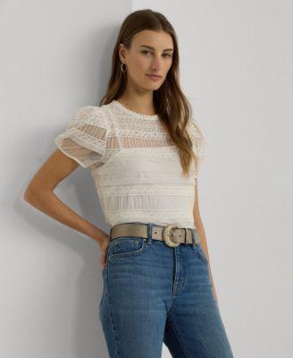 Lauren Ralph Lauren Womens Lace Mesh Puff-Sleeve Top Product Image