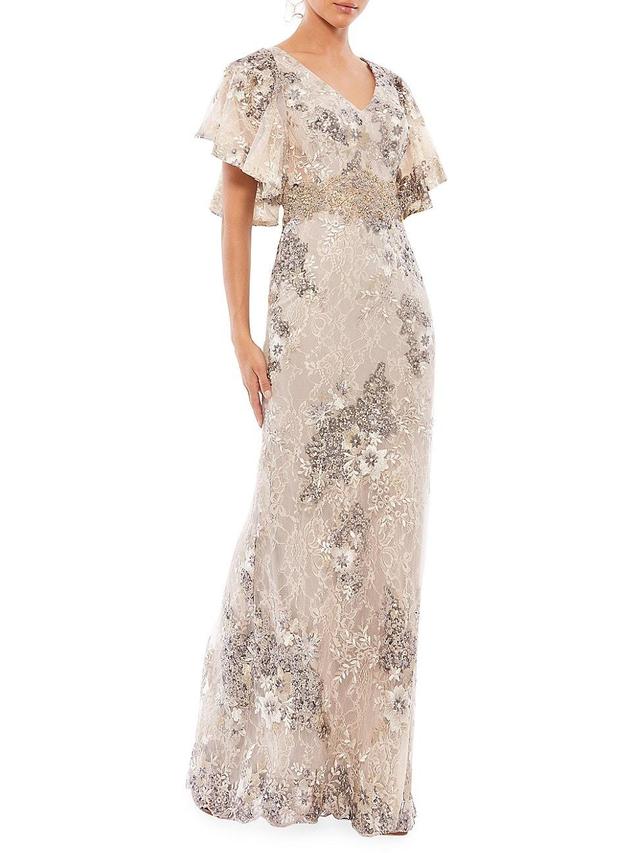 Mac Duggal Flutter Sleeve Embellished Lace Trumpet Gown Product Image