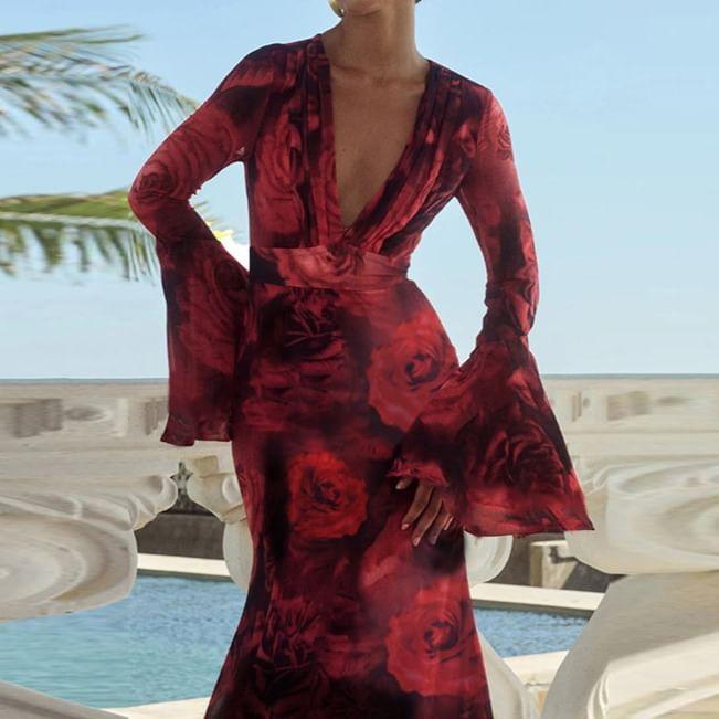 Bell Sleeve V-Neck Floral Print Mesh Maxi A-Line Dress Product Image