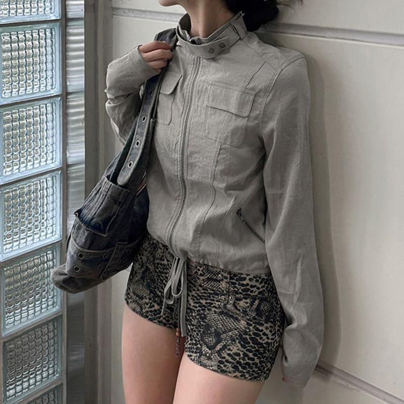 Mock Neck Plain Zip-Up Crop Jacket Product Image