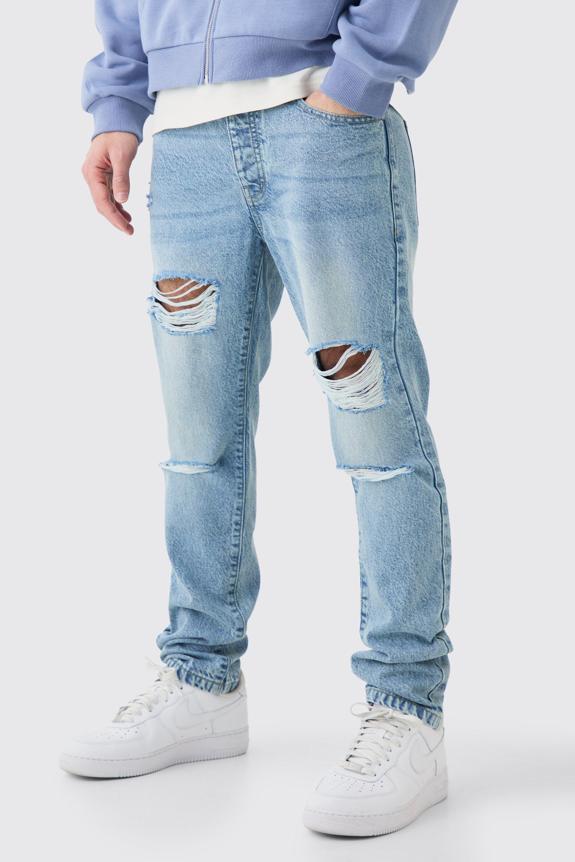 Mens Slim Rigid All Over Rip Jean In Light Blue, Blue Product Image