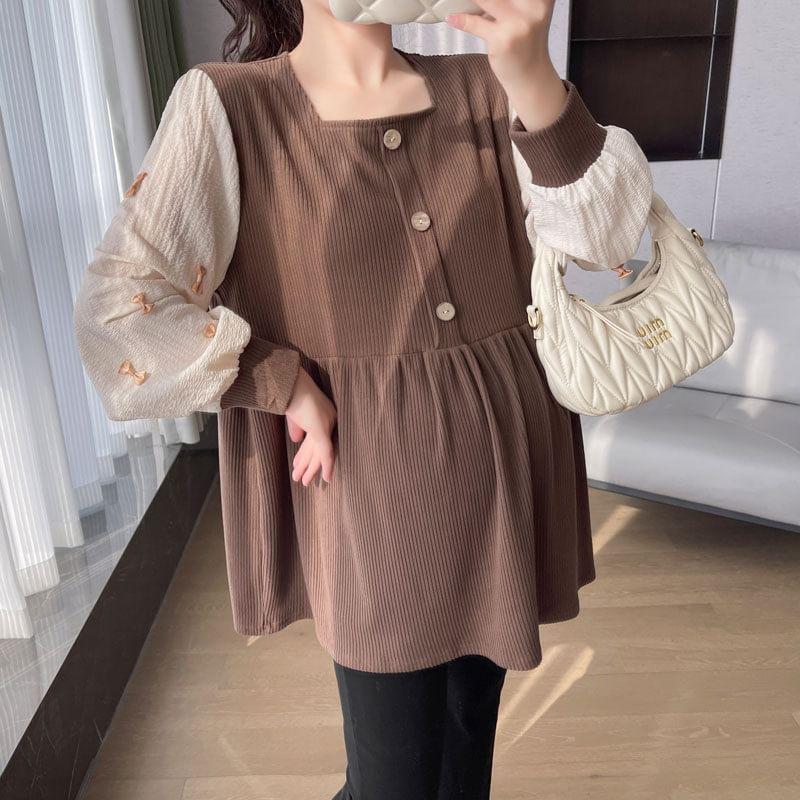 Maternity Long-Sleeve Square Neck Two Tone Blouse Product Image