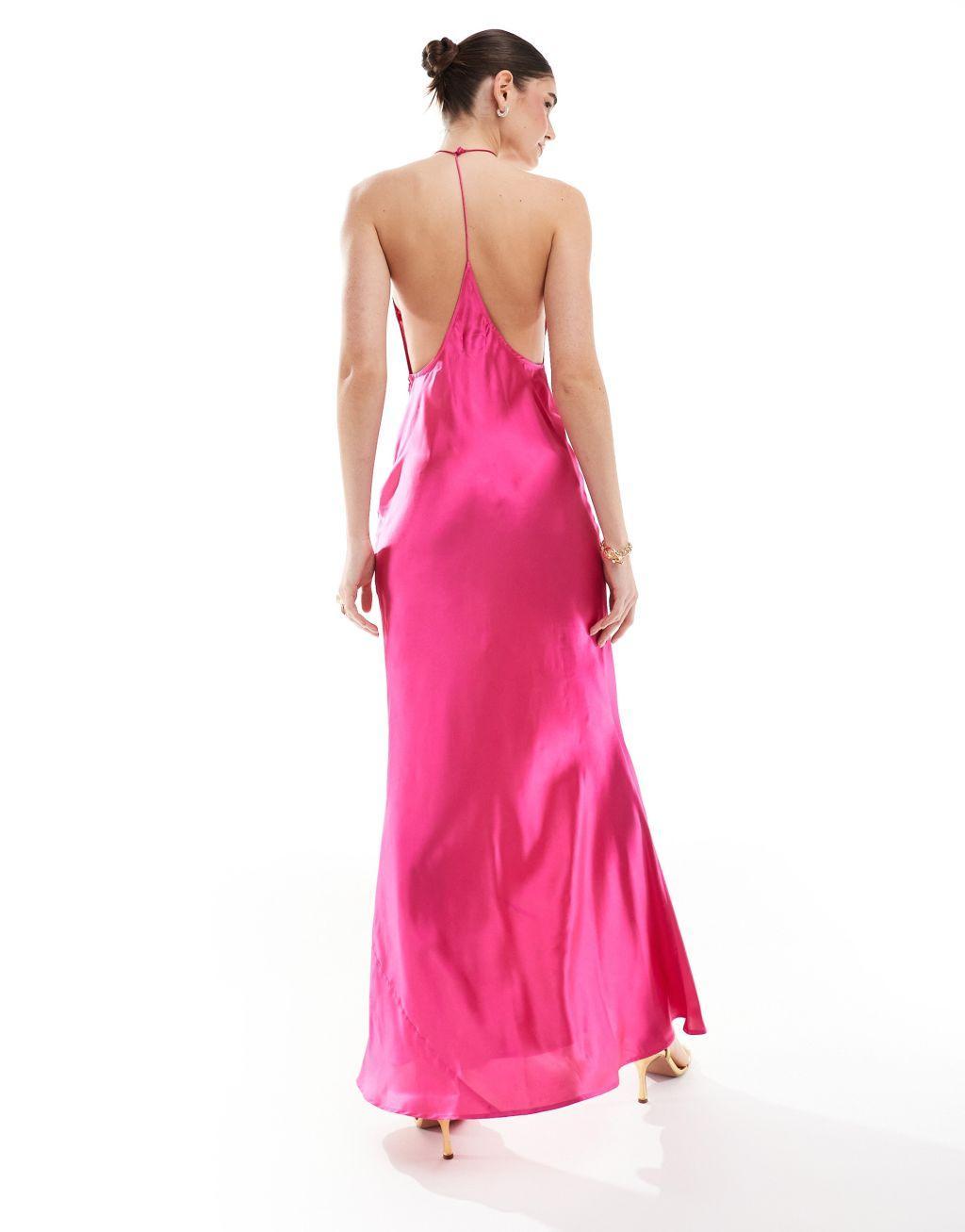 ASOS DESIGN satin halter maxi dress with shaped back detail in pink Product Image