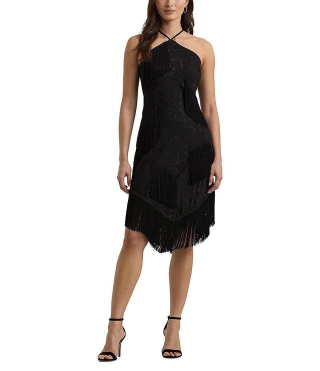 Lauren Ralph Lauren Fringe Trim Halter Neck Sleeveless Dress Product Image