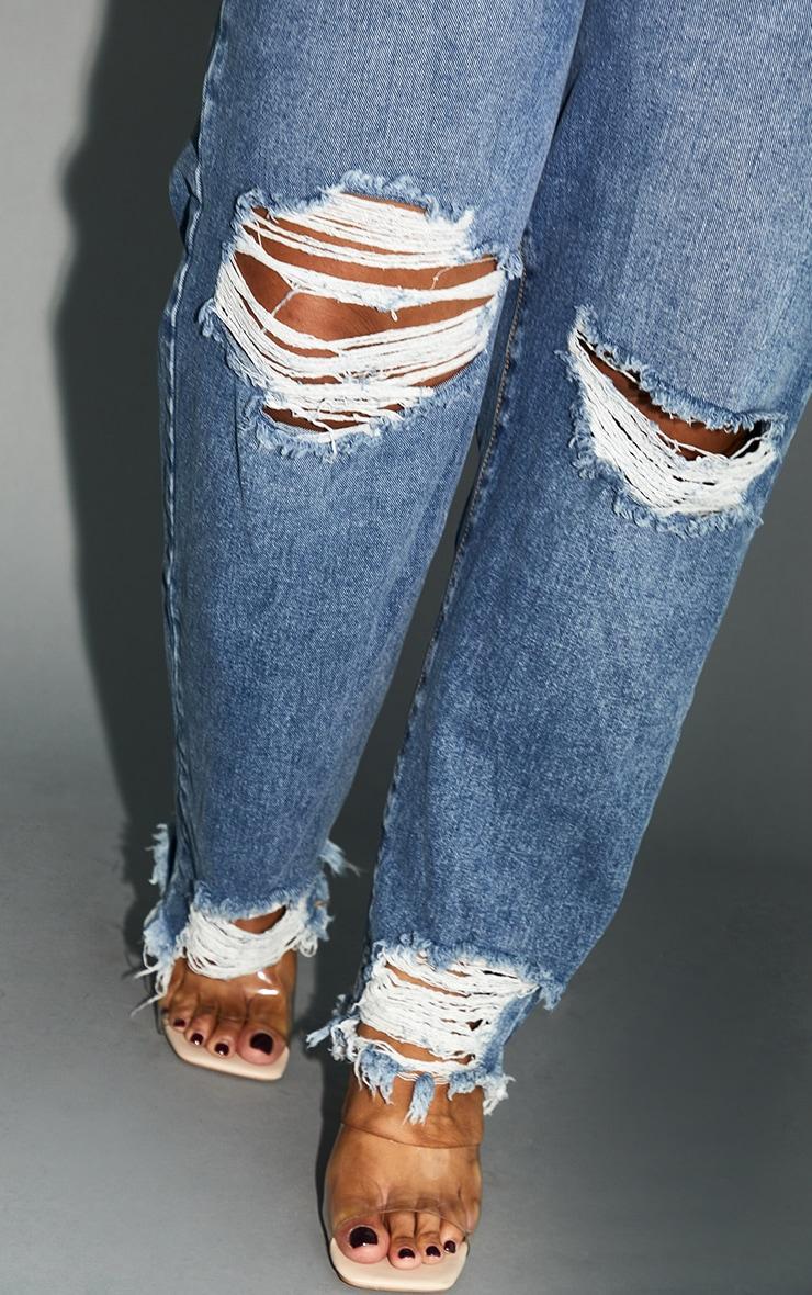 PRETTYLITTLETHING Plus Mid Blue Extreme Ripped Hem Knee Rip Mom Jeans Product Image