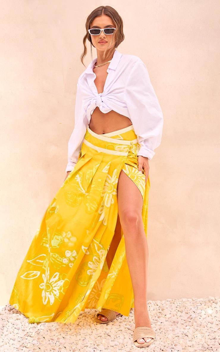 Yellow Floral Printed Asymmetric Waist Flared Maxi Skirt product image