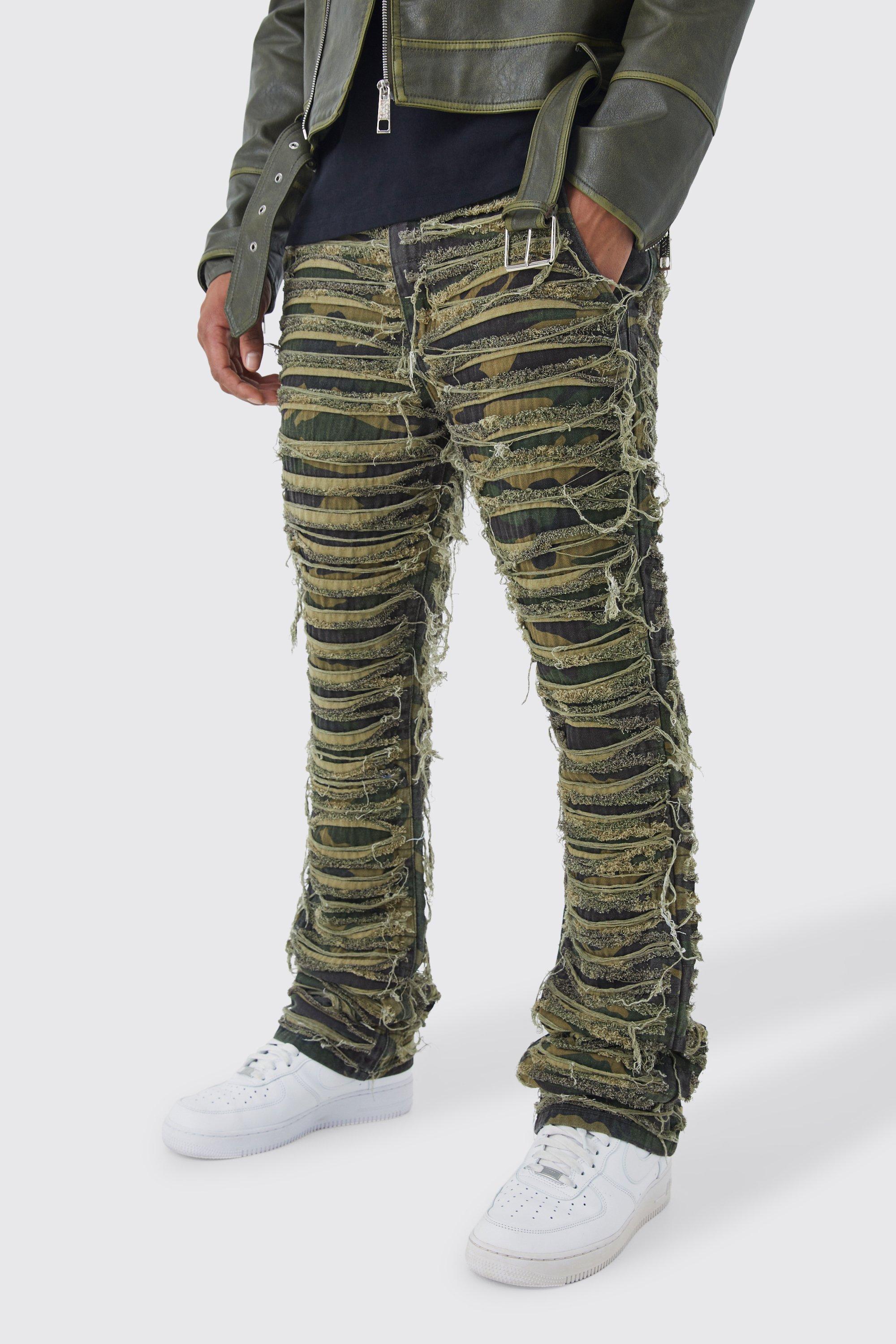 Slim Stacked Flare Heavily Distressed Camo Pants | boohooMAN USA Product Image