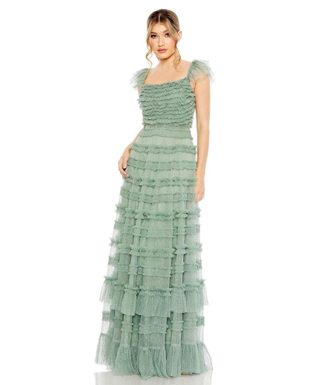 Ruffle Cap Sleeve Embellished Tiered Gown Product Image