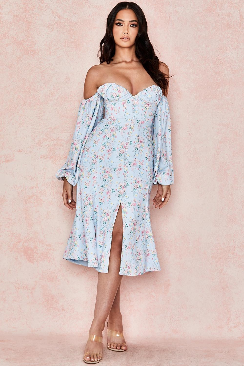 Hope Blue Floral Bardot Midi Sundress Product Image