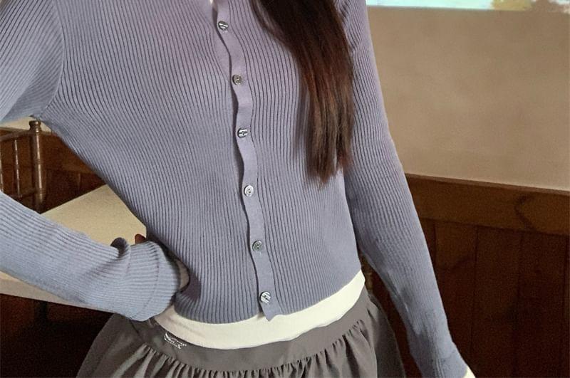 Mock Two-Piece Long-Sleeve Two Tone Button Knit Top Product Image