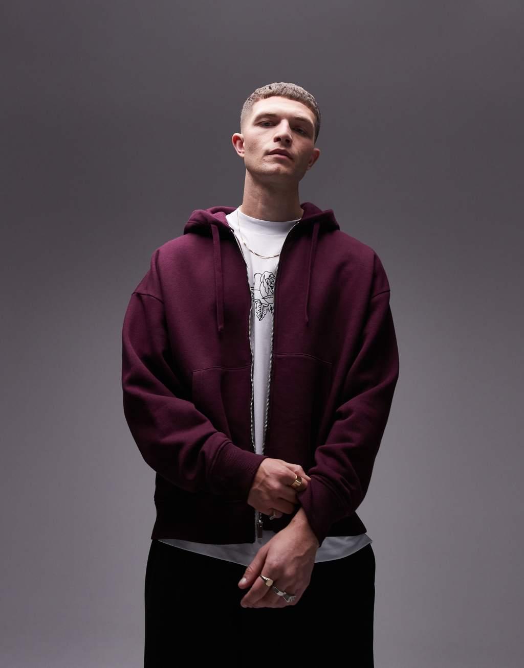 Topman oversized fit full zip hoodie in burgundy Product Image