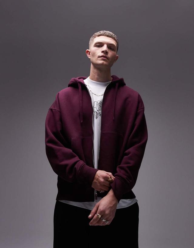 Topman oversized fit full zip hoodie in burgundy Product Image