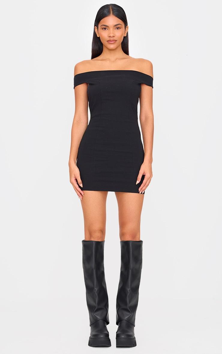  Black Stretch Woven Bardot Bodycon Dress Product Image