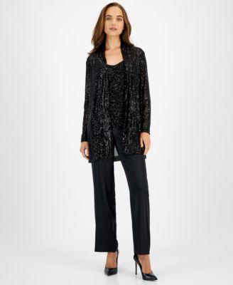 Women's Sequin Embellished Open-Front Jacket, V-Neck Sleeveless Sequin Top & High Rise Pull-On Pants Product Image