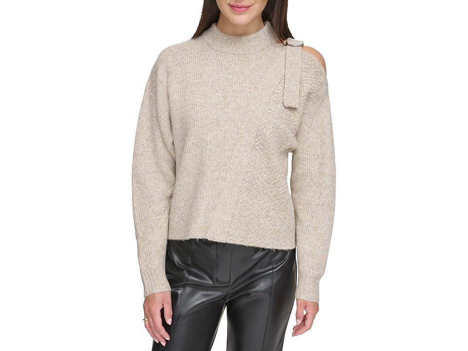 DKNY Long Sleeve Mix Stitch Cold-Shoulder Sweater (Pebble Heather) Women's Clothing product image