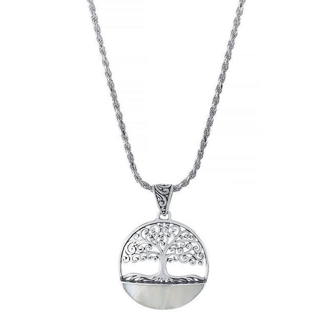 Athra NJ Inc Sterling Silver Oxidized Mother Of Pearl Round Tree Of Life Pendant Necklace, Womens Product Image