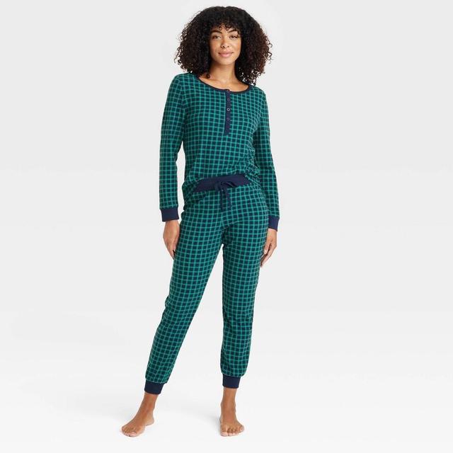 Women's Thermal Long Sleeve Henley Top and Jogger Pants Pajama Set - Auden™ Green/Check XL Product Image