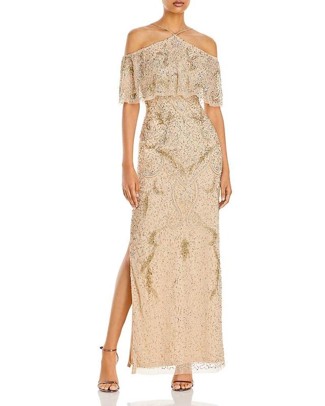 Aidan Mattox by Adrianna Papell Cold Shoulder Beaded Halter Column Evening Gown Product Image