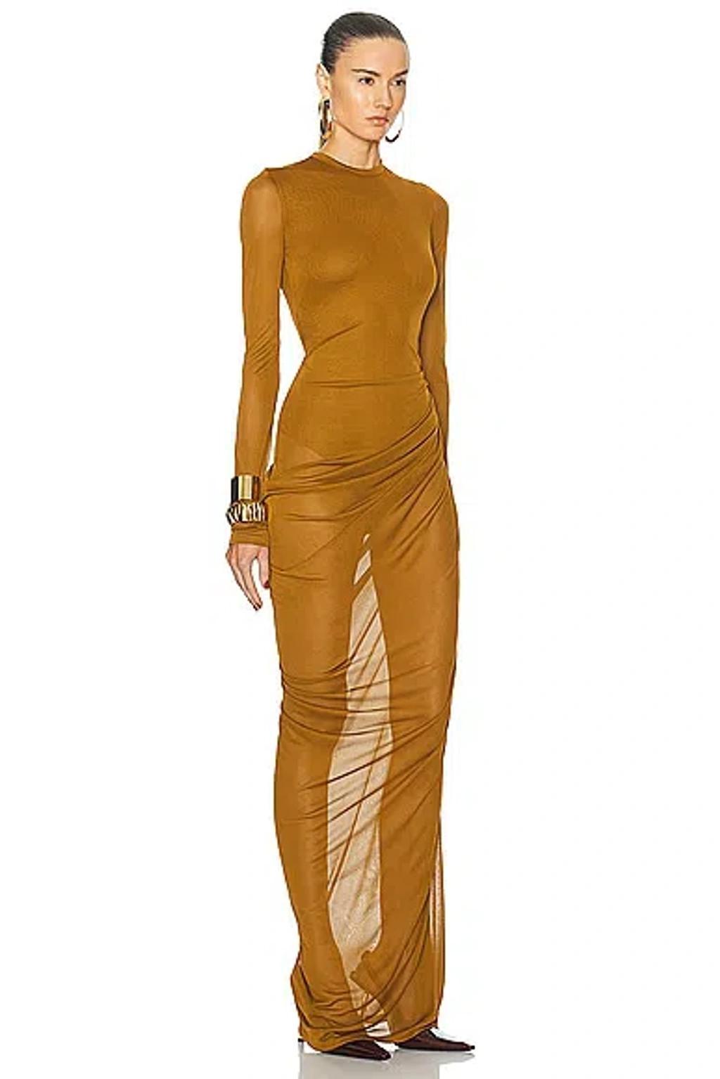 SAINT LAURENT Sheer Ruched Jersey Maxi Dress In Brown Product Image