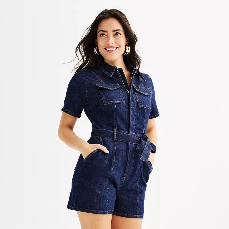 Womens Nine West Denim Romper Dark Rinse Blue Product Image