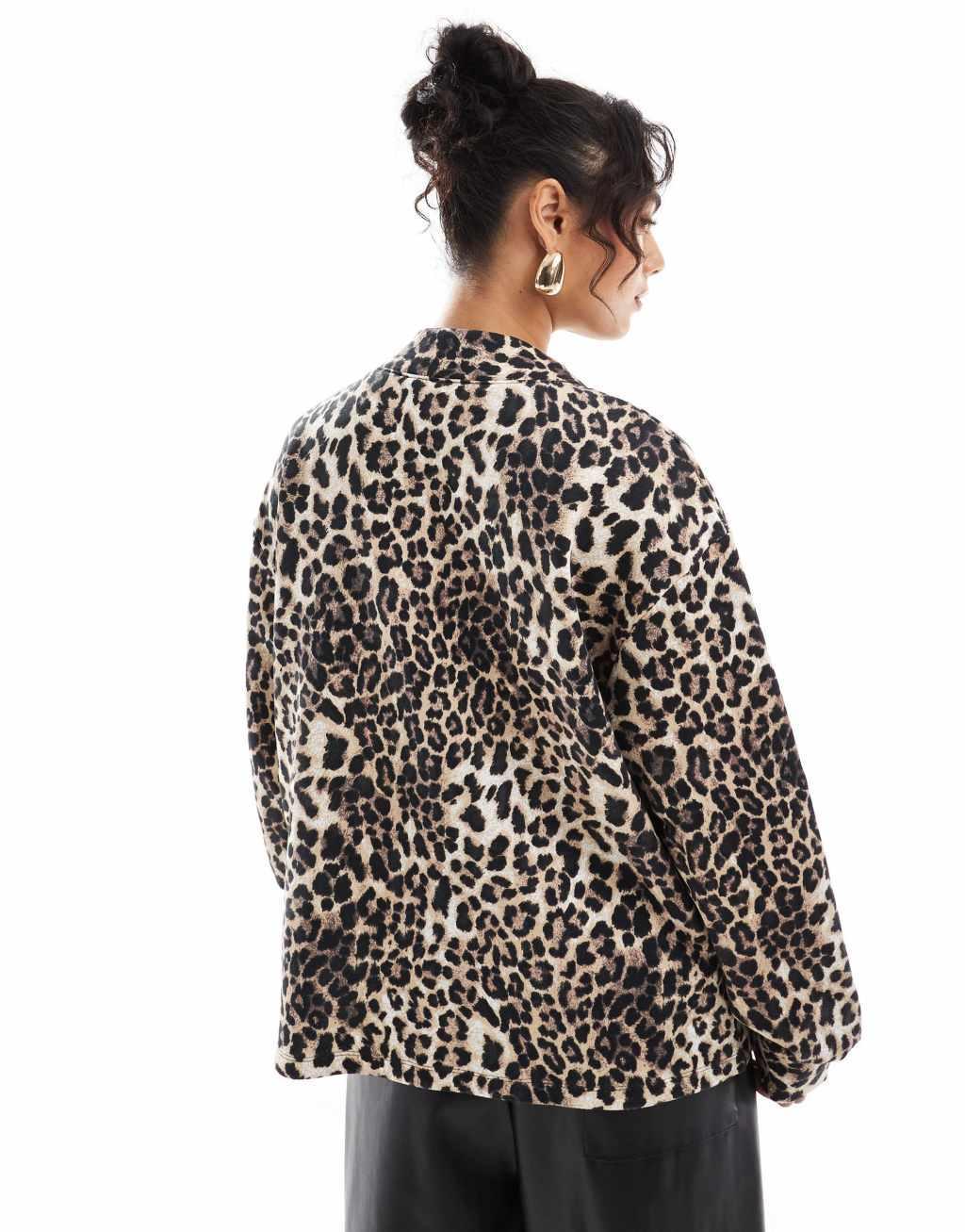 ASOS DESIGN heavyweight loopback longline cardigan in leopard print Product Image