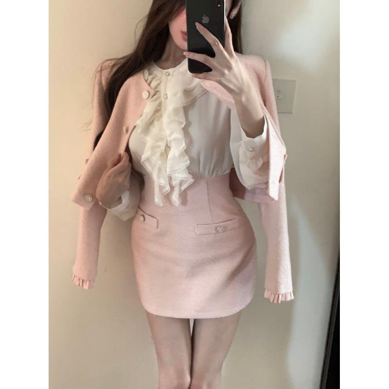 Crew Neck Plain Frill Trim Button-Up Crop Jacket / Long-Sleeve Two Tone Ruffle Trim Mini Sheath Dress Product Image