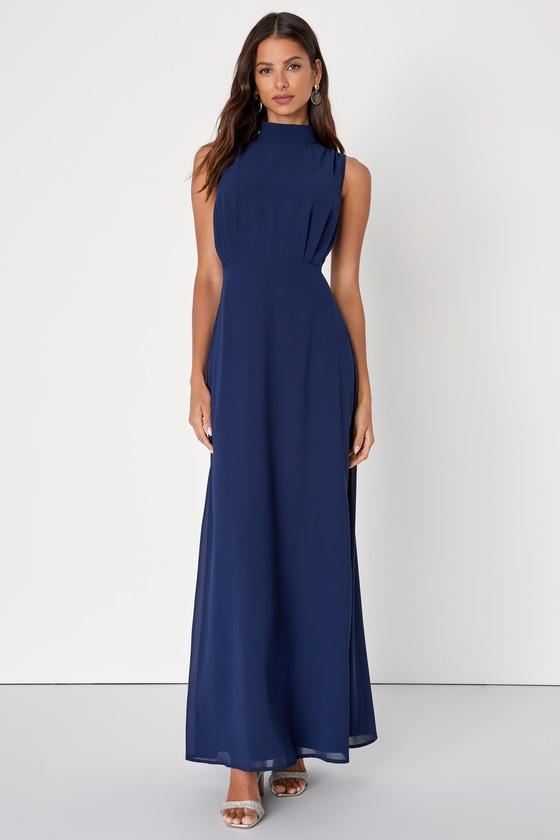 Classic Elegance Navy Chiffon Sleeveless Mock Neck Maxi Dress Product Image