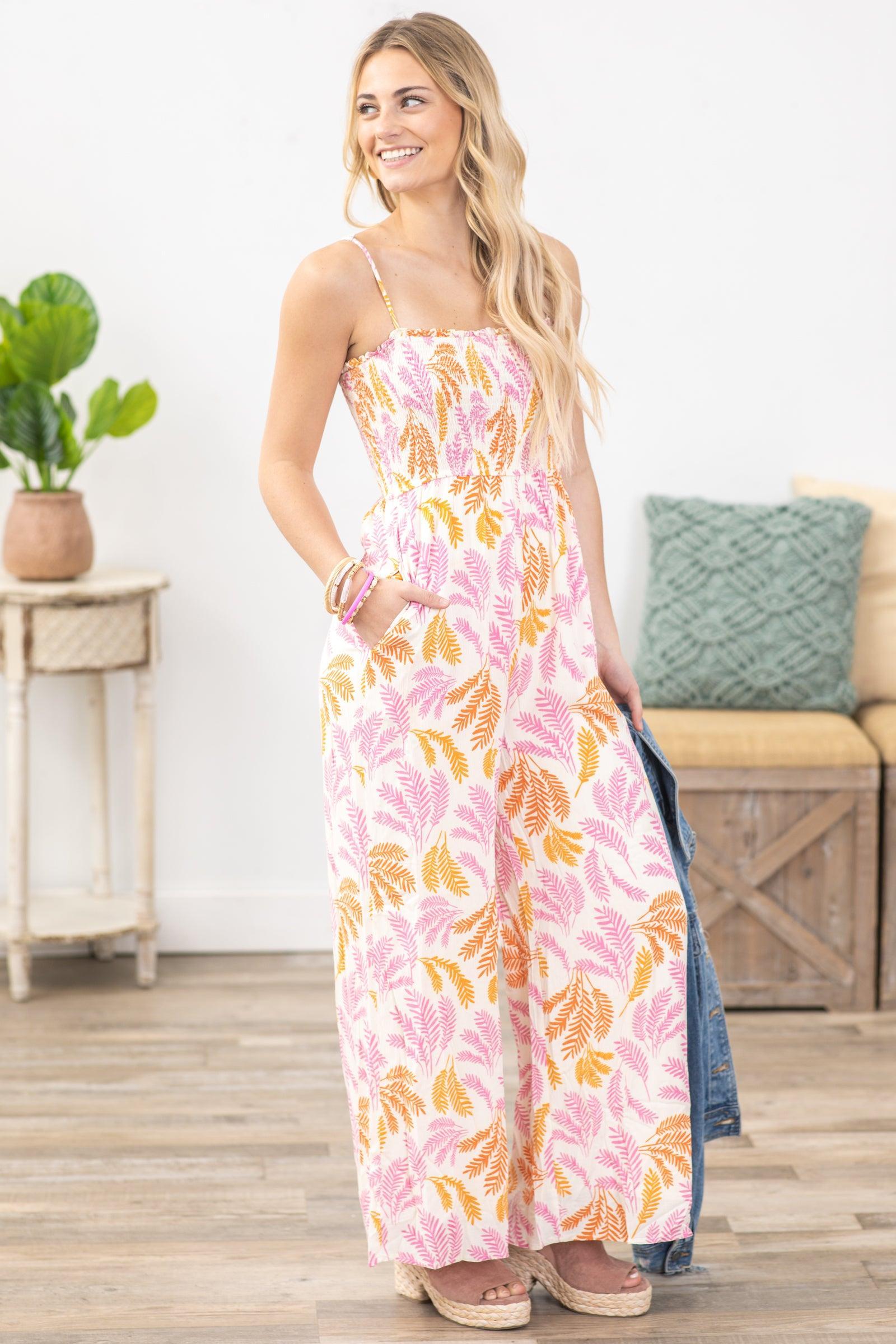 Pink Tropical Leaf Print Jumpsuit Product Image