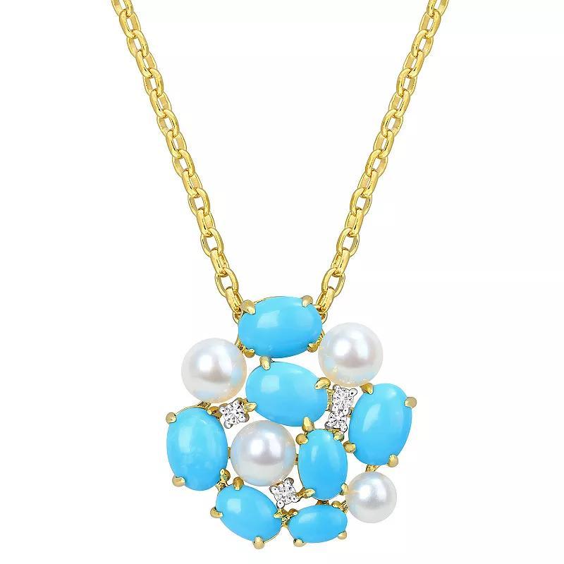 Stella Grace 18k Gold Over Silver Freshwater Cultured Pearl, Lab-Created Turquoise & Lab-Created White Sapphire Pendant Necklace, Womens Gold Tone Product Image