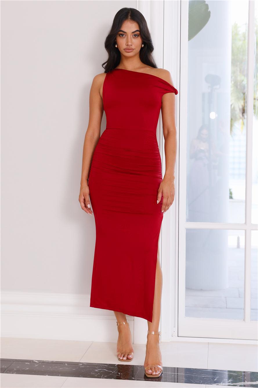 High Society Off Shoulder Midi Dress Red Product Image