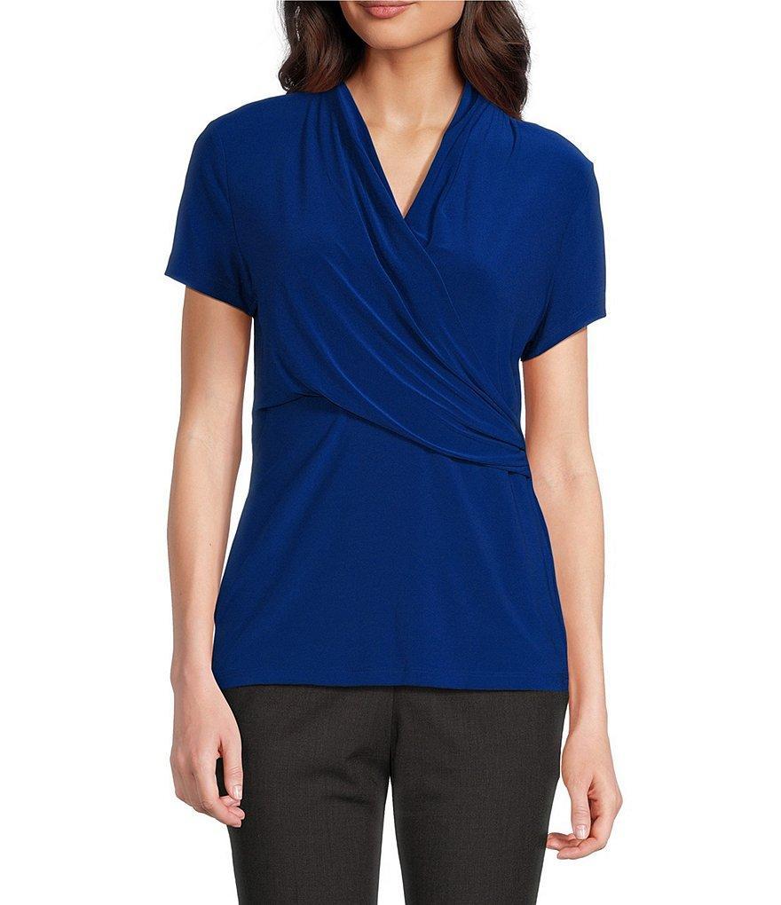 DKNY by Donna Karan Matte Jersey Ruch Wrap Front V-Neck Short Sleeve Top Product Image