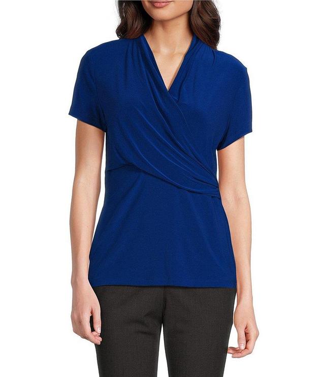 DKNY Matte Jersey Ruch Wrap Front V-Neck Short Sleeve Top Product Image