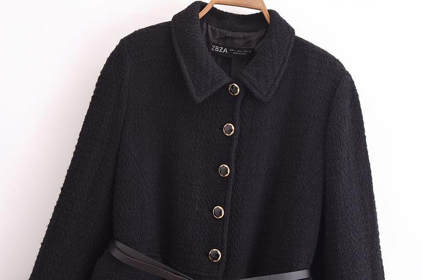 Set: Collared Plain Button Coat + Belt Product Image